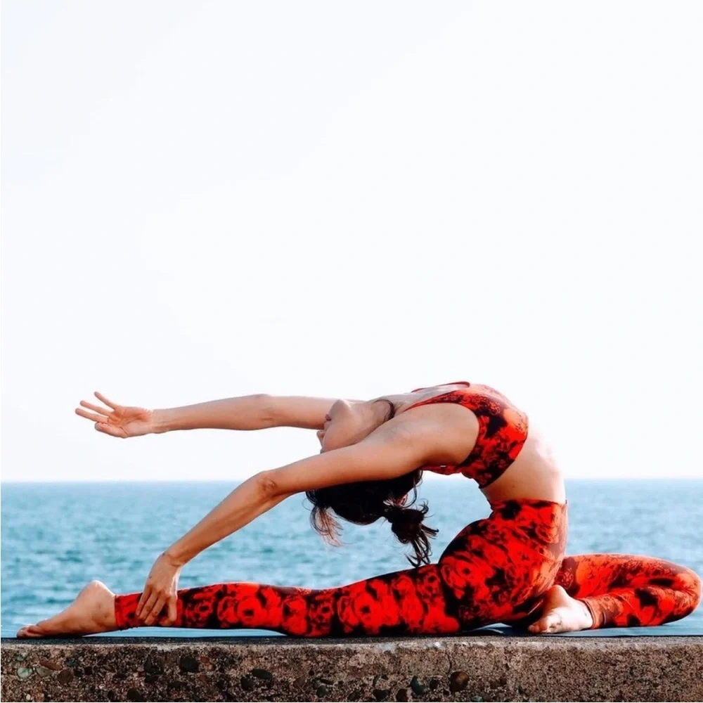 2 PIECE Alo Yoga VAPOR ROSES BRA & HIGH-WAIST ROSES LEGGING set in Cherry